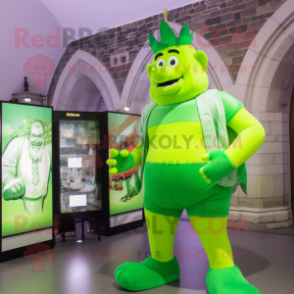 Lime Green Irish Castle mascot costume character dressed with a One-Piece Swimsuit and Backpacks