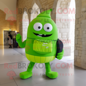 Lime Green Irish Castle mascot costume character dressed with a One-Piece Swimsuit and Backpacks