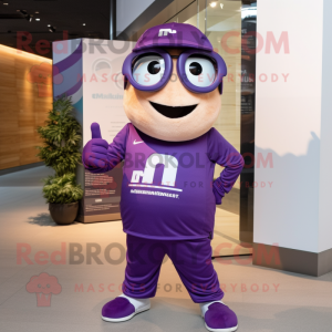 Purple Momentum mascot costume character dressed with a Sweatshirt and Eyeglasses