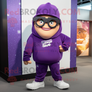 Purple Momentum mascot costume character dressed with a Sweatshirt and Eyeglasses