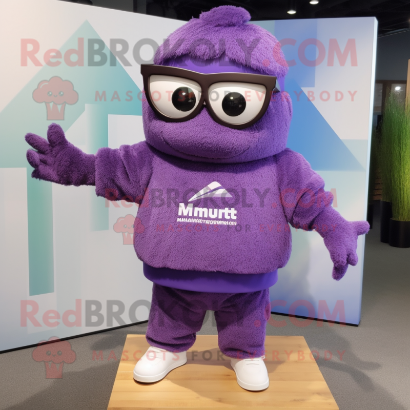 Purple Momentum mascot costume character dressed with a Sweatshirt and Eyeglasses