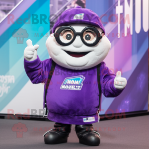 Purple Momentum mascot costume character dressed with a Sweatshirt and Eyeglasses