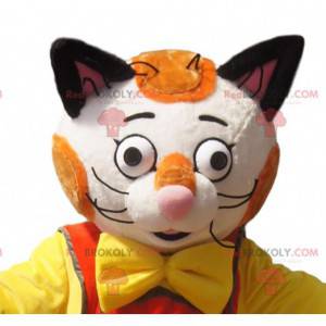 Mascote gato branco e vermelho, com macacão marrom -