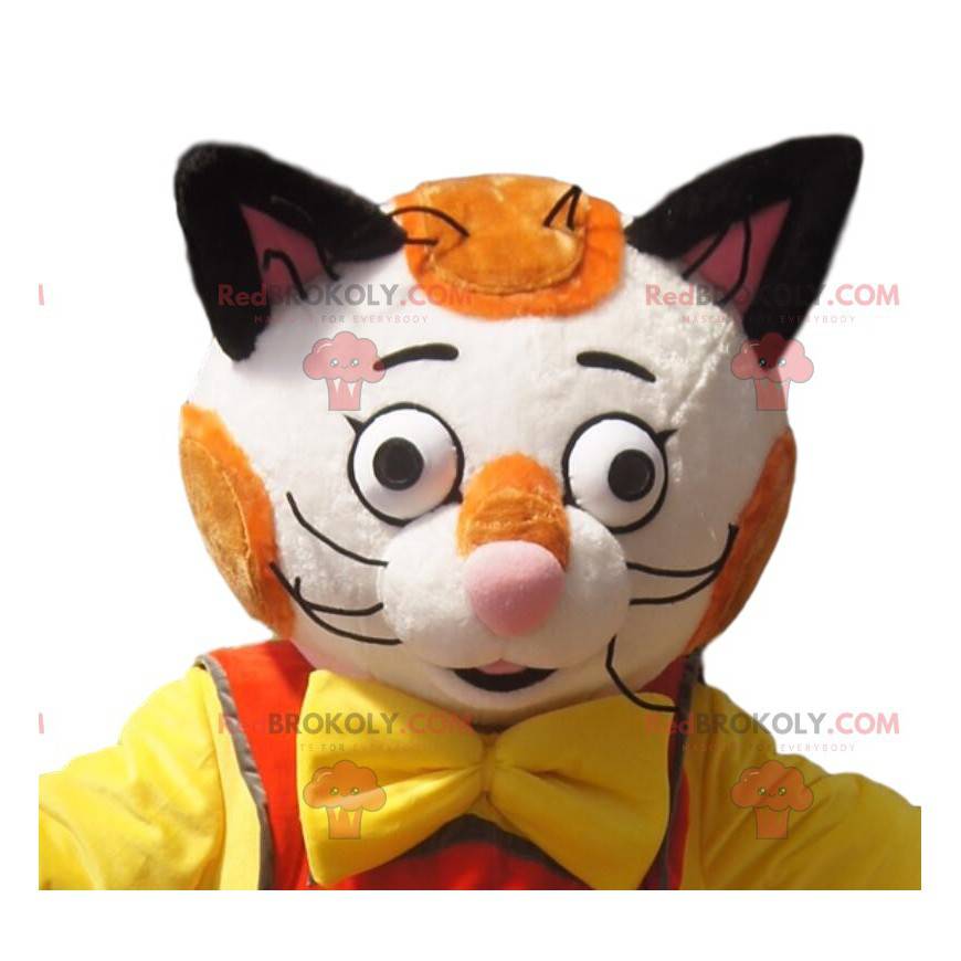 Weißes und rotes Katzenmaskottchen mit braunem Overall -
