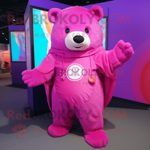 Magenta Bear mascot costume character dressed with a Romper and Shawl pins