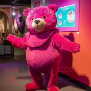 Magenta Bear mascot costume character dressed with a Romper and Shawl pins