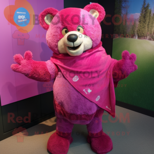 Magenta Bear mascot costume character dressed with a Romper and Shawl pins