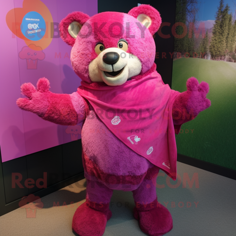 Magenta Bear mascot costume character dressed with a Romper and Shawl pins Magenta Bear mascot costume character dressed with a Romper and Shawl pins