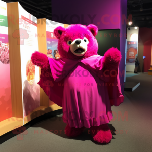 Magenta Bear mascot costume character dressed with a Romper and Shawl pins