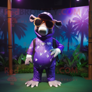 Purple Tapir mascot costume character dressed with a Shorts and Sunglasses