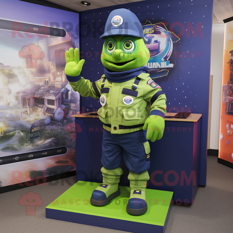 Lime Green Navy Soldier mascot costume character dressed with a Hoodie and Anklets Lime Green Navy Soldier mascot costume character dressed with a Hoodie and Anklets