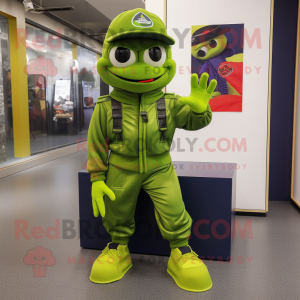 Lime Green Navy Soldier mascot costume character dressed with a Hoodie and Anklets