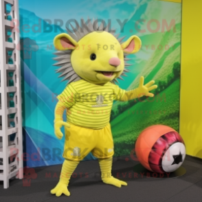 Lemon Yellow Armadillo mascot costume character dressed with a Bermuda Shorts and Hair clips