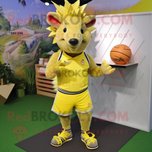 Lemon Yellow Armadillo mascot costume character dressed with a Bermuda Shorts and Hair clips