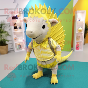 Lemon Yellow Armadillo mascot costume character dressed with a Bermuda Shorts and Hair clips