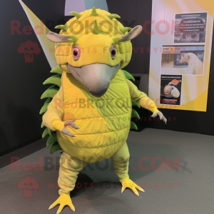 Lemon Yellow Armadillo mascot costume character dressed with a Bermuda Shorts and Hair clips