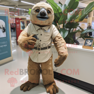 Tan Giant Sloth mascot costume character dressed with a Henley Tee and Bow ties