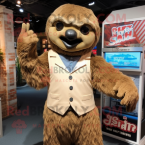 Tan Giant Sloth mascot costume character dressed with a Henley Tee and Bow ties