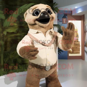 Tan Giant Sloth mascot costume character dressed with a Henley Tee and Bow ties