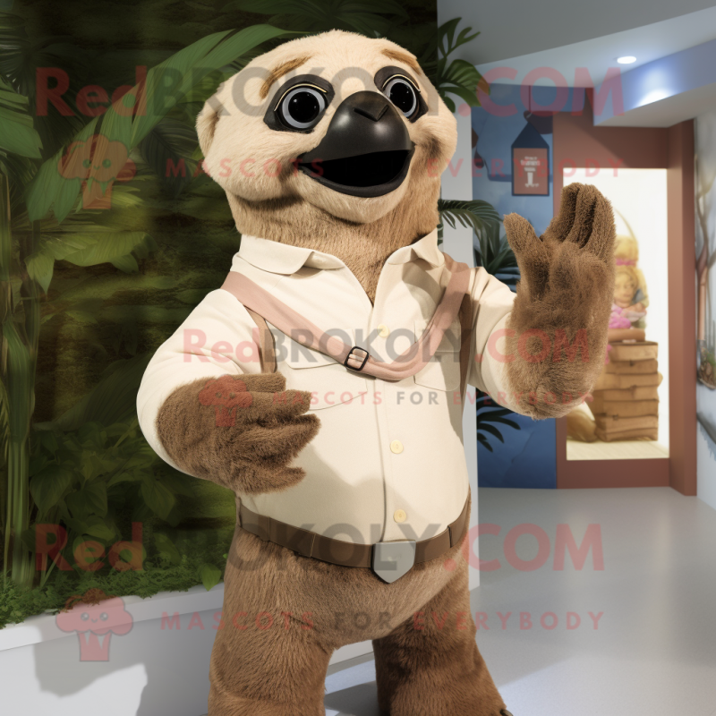 Tan Giant Sloth mascot costume character dressed with a Henley Tee and Bow ties