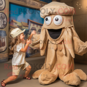 Tan Kraken mascot costume character dressed with a Romper and Caps