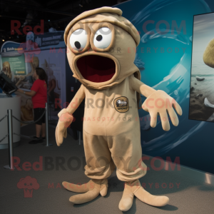 Tan Kraken mascot costume character dressed with a Romper and Caps
