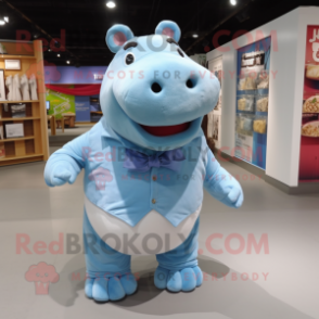 Sky Blue Hippopotamus mascot costume character dressed with a Blouse and Foot pads