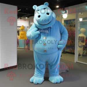 Sky Blue Hippopotamus mascot costume character dressed with a Blouse and Foot pads