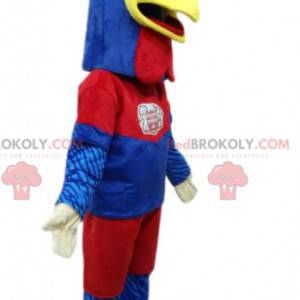 Mascotte de poulet en tenue de sport bleue et rouge -