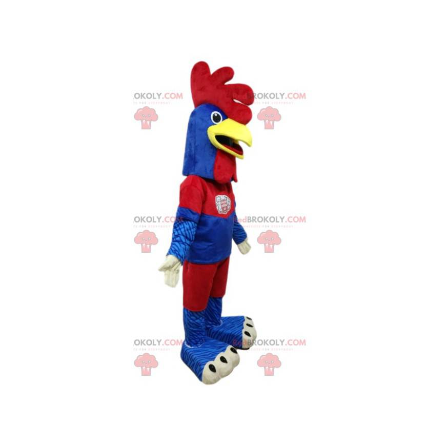 Mascote de frango em sportswear azul e vermelho - Redbrokoly.com