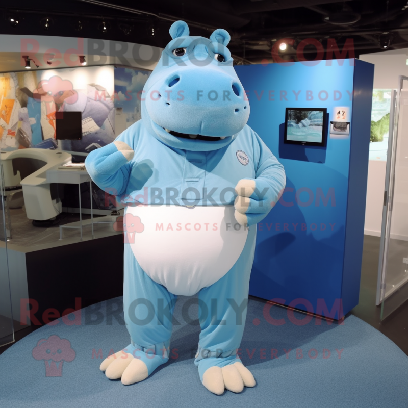 Sky Blue Hippopotamus mascot costume character dressed with a Blouse and Foot pads
