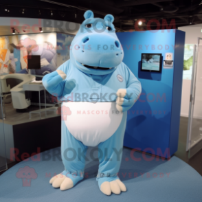 Sky Blue Hippopotamus mascot costume character dressed with a Blouse and Foot pads