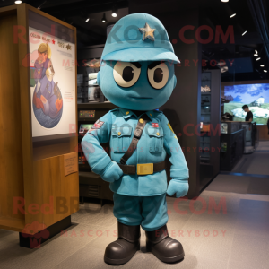 Teal American Soldier mascot costume character dressed with a Jeans and Brooches