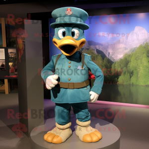 Teal American Soldier mascot costume character dressed with a Jeans and Brooches