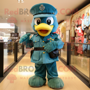 Teal American Soldier mascot costume character dressed with a Jeans and Brooches
