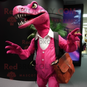 Magenta Deinonychus mascot costume character dressed with a Poplin Shirt and Handbags