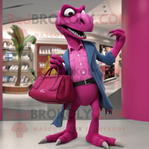 Magenta Deinonychus mascot costume character dressed with a Poplin Shirt and Handbags