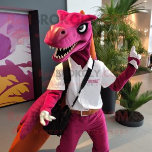 Magenta Deinonychus mascot costume character dressed with a Poplin Shirt and Handbags