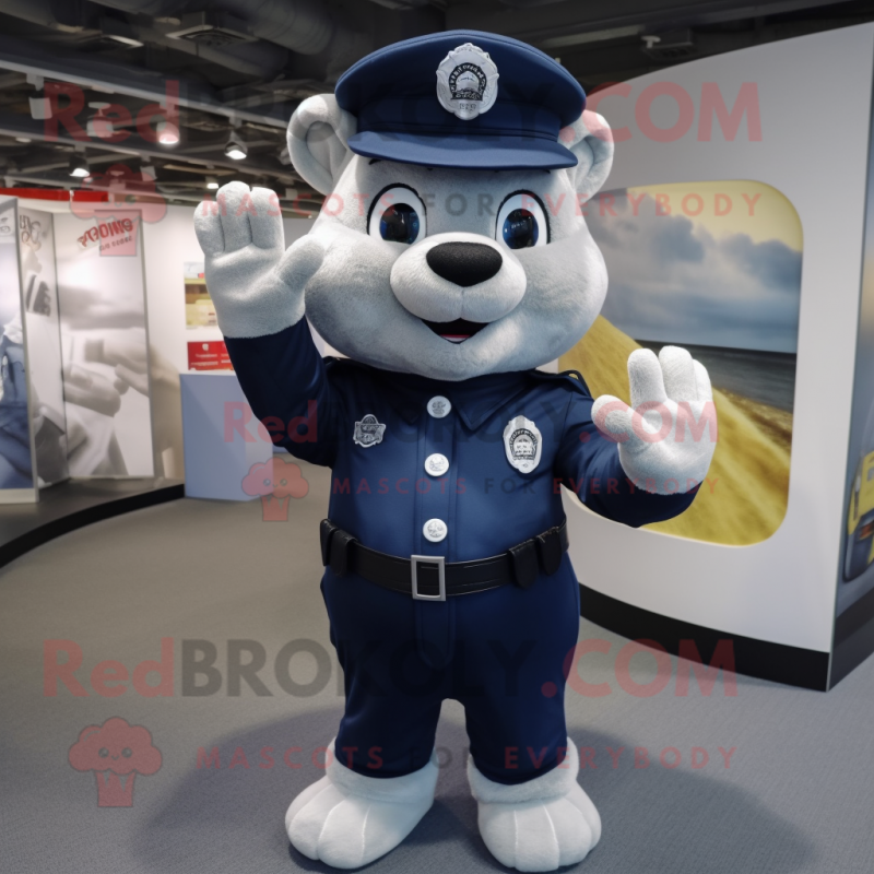 Navy Police Officer mascot costume character dressed with a Joggers and Mittens Navy Police Officer mascot costume character dressed with a Joggers and Mittens