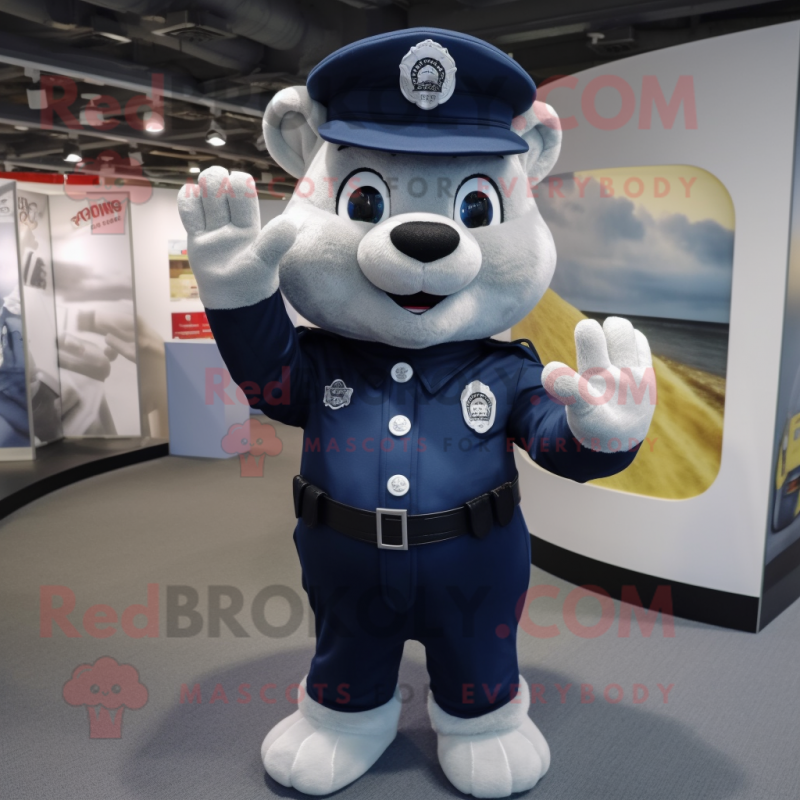 Navy Police Officer mascot costume character dressed with a Joggers and Mittens