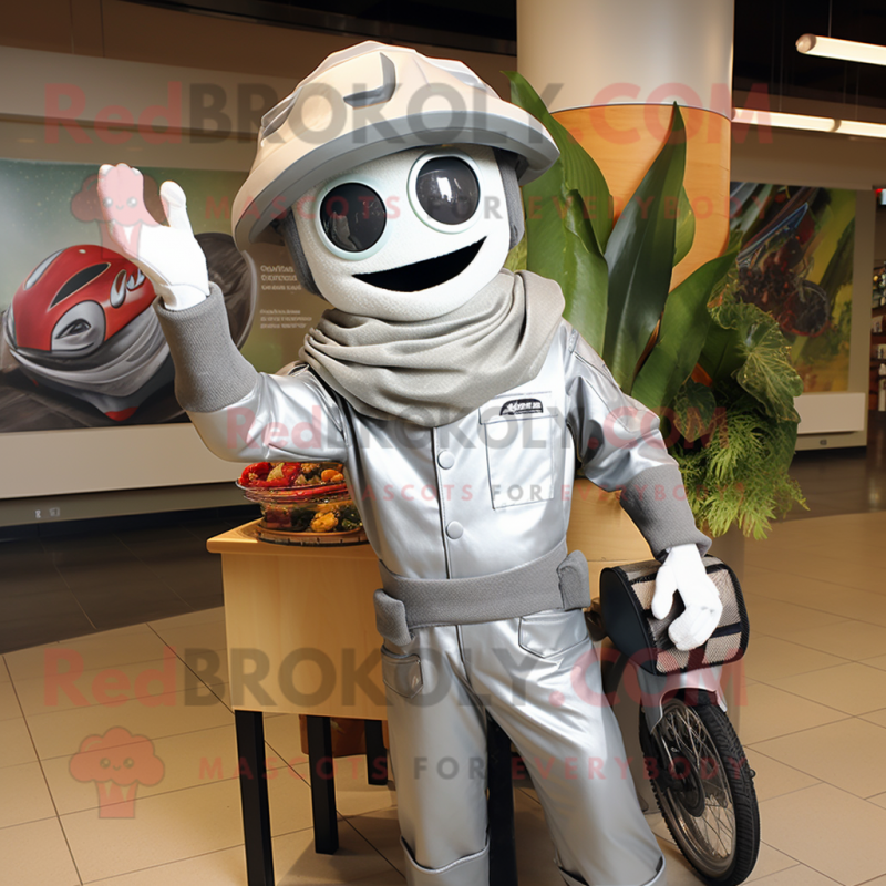 Silver Fajitas mascot costume character dressed with a Moto Jacket and Hats