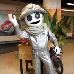 Silver Fajitas mascot costume character dressed with a Moto Jacket and Hats