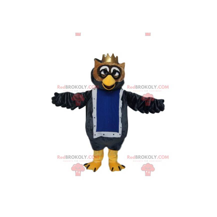 Mascotte gufo con una corona d'oro. Costume da gufo. -