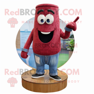 Maroon Zucchini mascot costume character dressed with a Denim Shirt and Rings