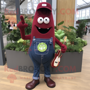 Maroon Zucchini mascot costume character dressed with a Denim Shirt and Rings