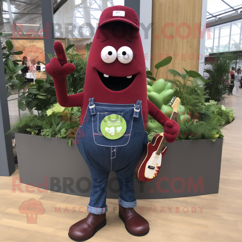 Maroon Zucchini mascot costume character dressed with a Denim Shirt and Rings