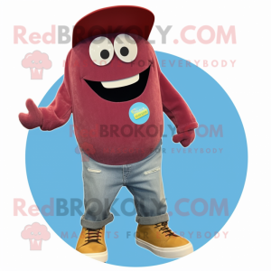 Maroon Zucchini mascot costume character dressed with a Denim Shirt and Rings