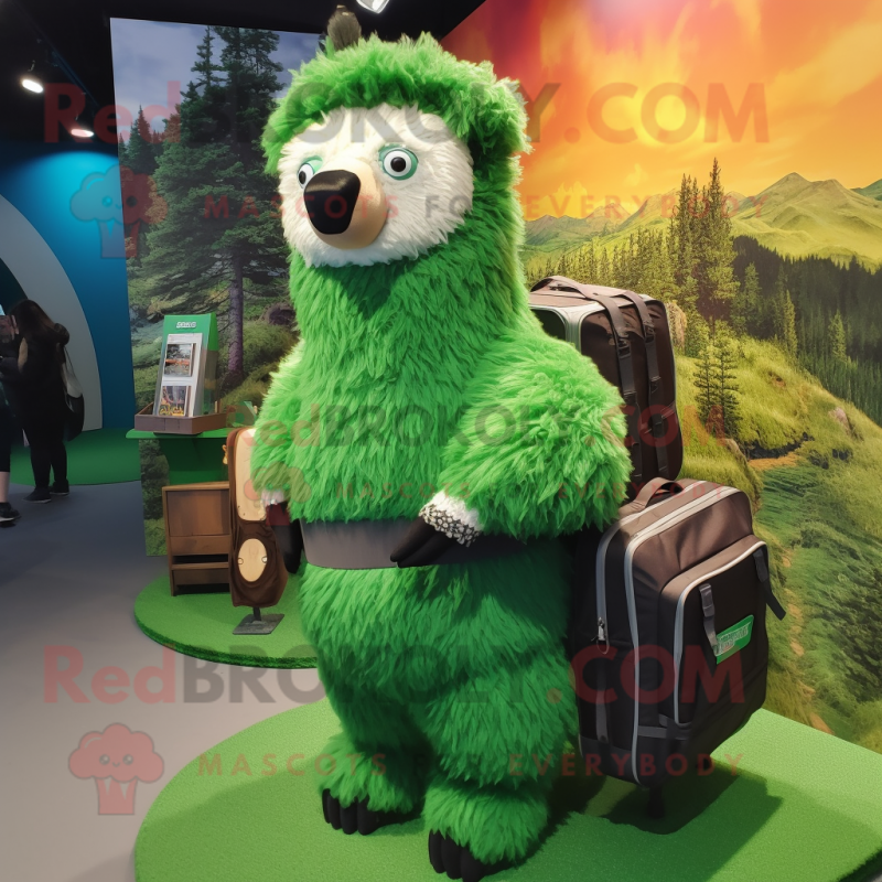 Forest Green Alpaca mascot costume character dressed with a Bikini and Backpacks Forest Green Alpaca mascot costume character dressed with a Bikini and Backpacks