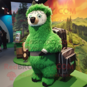 Forest Green Alpaca mascot costume character dressed with a Bikini and Backpacks