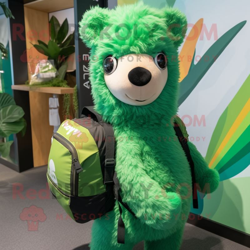 Forest Green Alpaca mascot costume character dressed with a Bikini and Backpacks